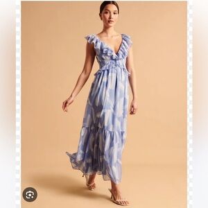 Abercrombie & Fitch Blue White Streak Print Ruffle Ruffled Maxi Dress Tie Back M